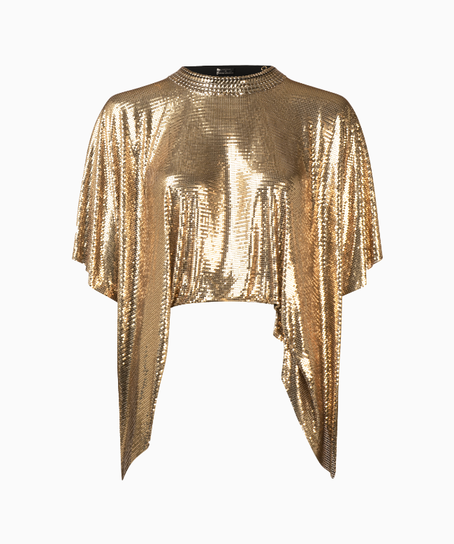 Location Top Paco Rabanne, modèle Liquid Gold FW 2017,Présenté lors du défilé Printemps-Été 2018, ce top doré illustre la vision futuriste et sensuelle de la maison Paco Rabanne 1