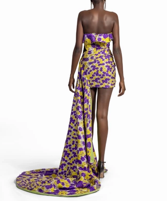 Location Robe de soirée Ungaro, modèle Bustier Traine Violette et jaune 4
