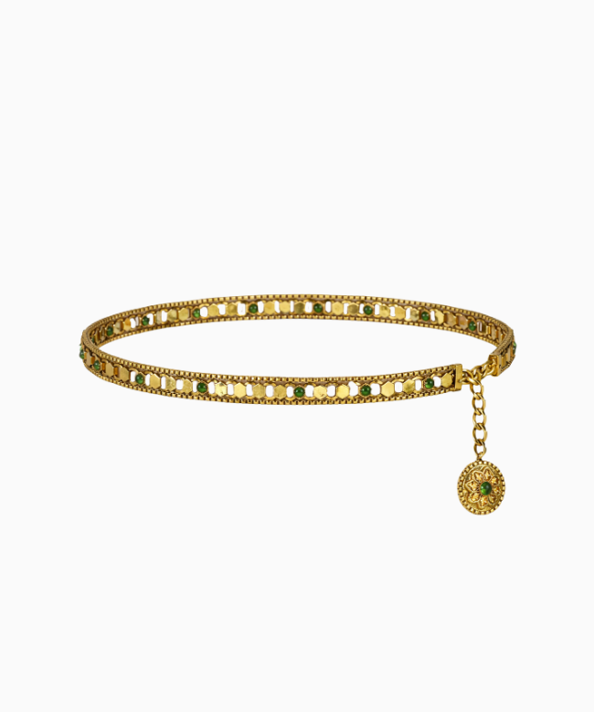 Location et Achat Ceinture Chanel, modèle Chaîne Dorée à Cabochons Verts Circa 1960 par Robert Goossens 1